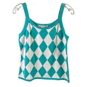 Versailles Diamond Argyle Cotton Tank Top Teal White Vintage NWT